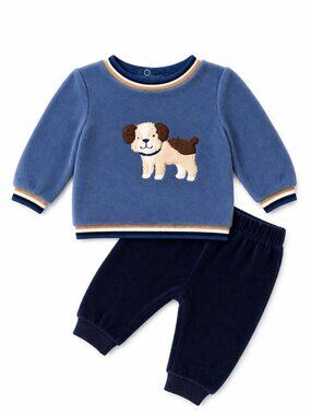 NWT Little Me Baby Boy 2 Piece Outfit Set Puppy Velour Blue & Navy Dog